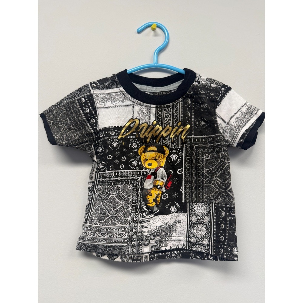 Quad Seven Baby Boy Drippin Bear Bandana Paisley T-Shirt 6-9M Black White Gold